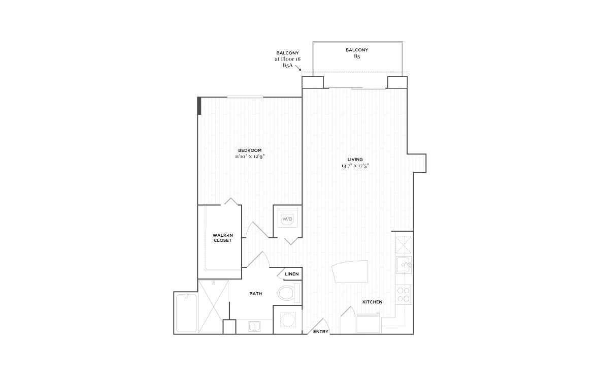 B5 - 1 bedroom floorplan layout with 1 bath and 865 square feet. (2D)