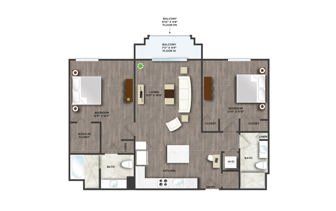 C1APH  - 2 bedroom floorplan layout with 2 baths and 1087 square feet. (2D)