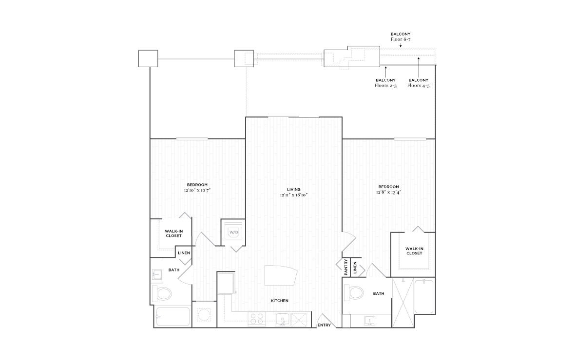 C2 - 2 bedroom floorplan layout with 2 baths and 1137 square feet. (2D)