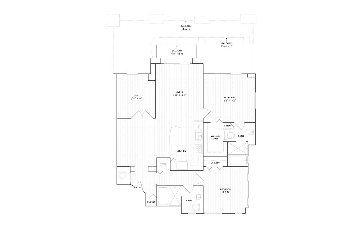 C3 - 2 bedroom floorplan layout with 2 baths and 1333 square feet. (2D)