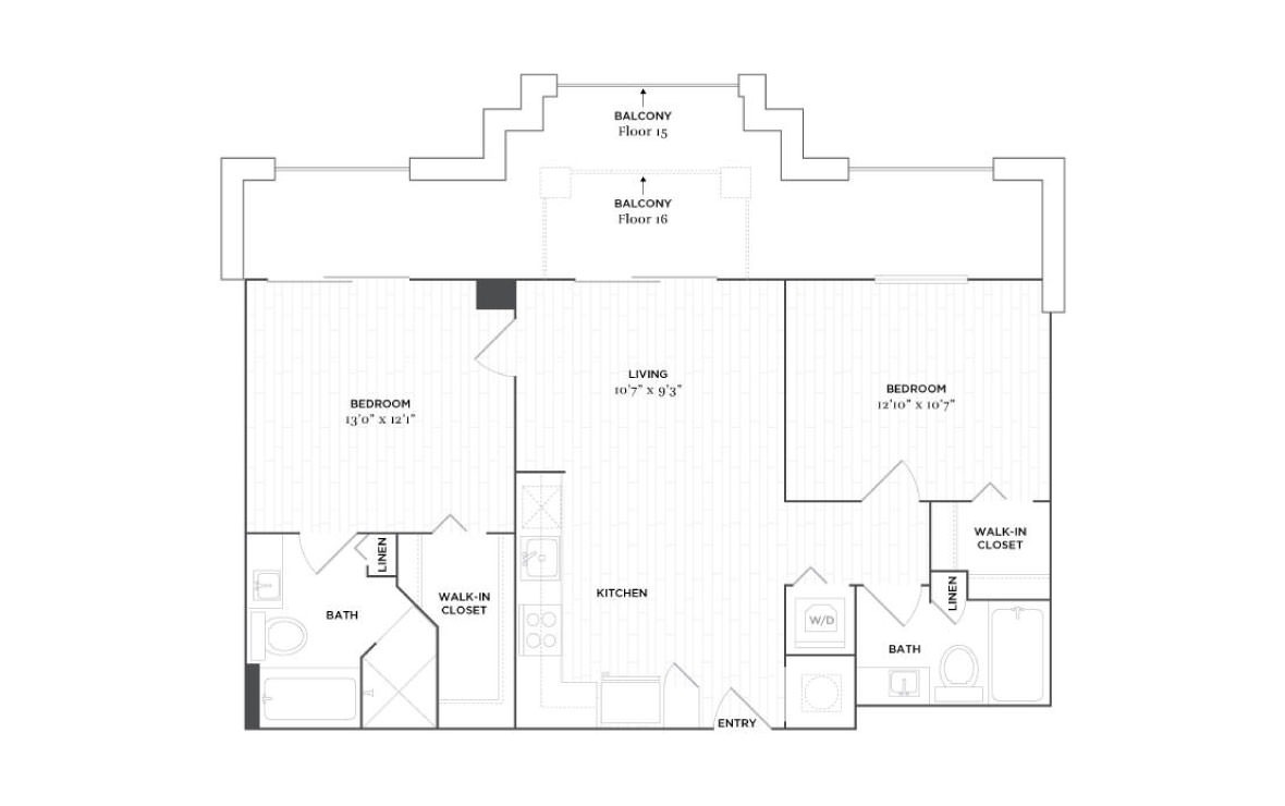 C6A - 2 bedroom floorplan layout with 2 baths and 961 square feet. (2D)
