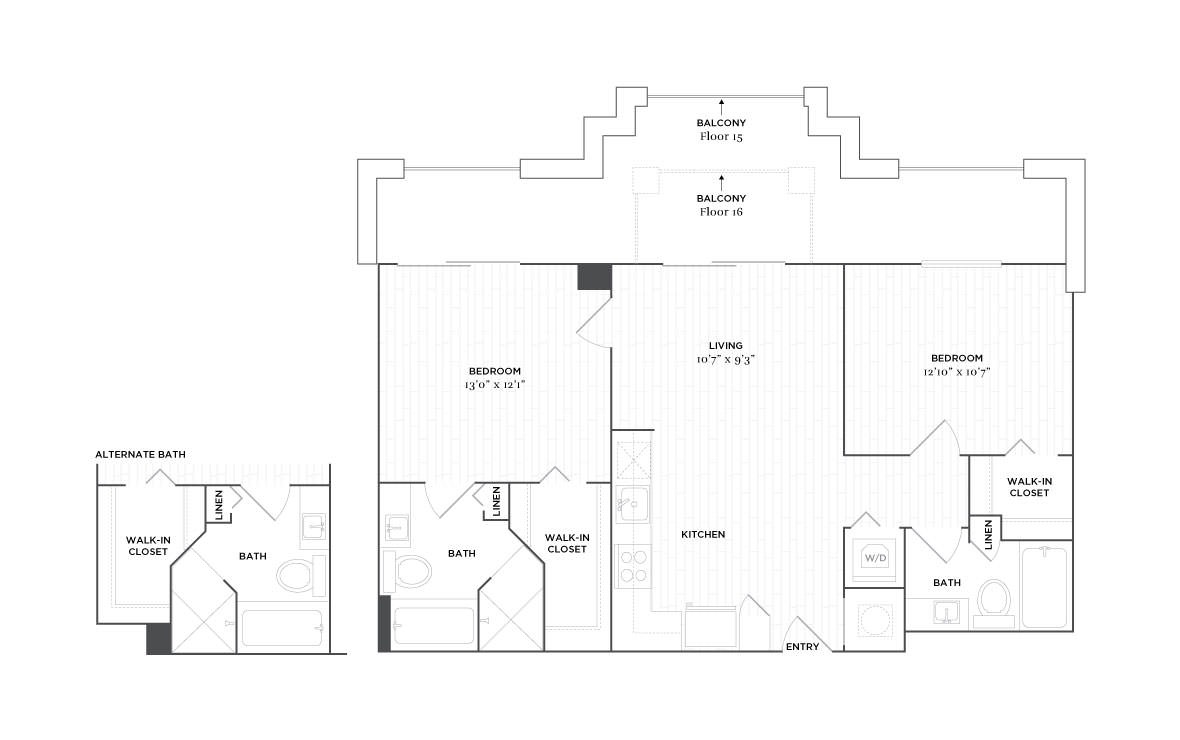 C6 - 2 bedroom floorplan layout with 2 baths and 929 square feet. (2D)