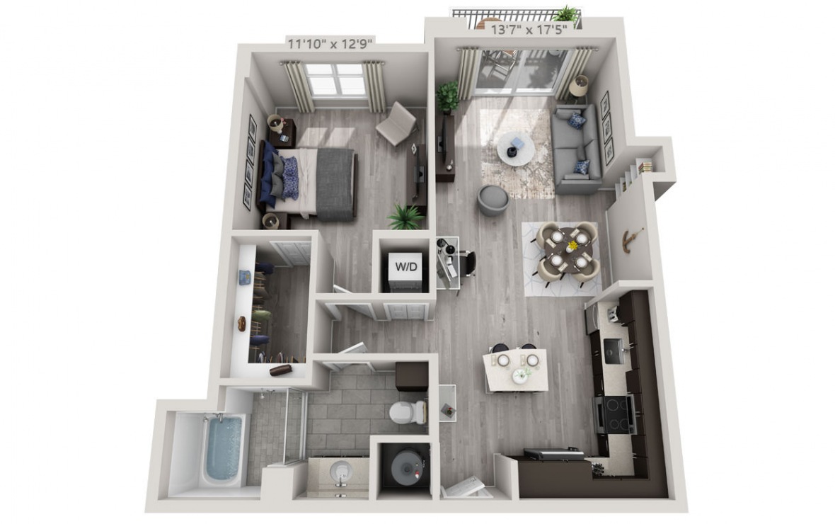 B5 - 1 bedroom floorplan layout with 1 bath and 865 square feet. (3D)