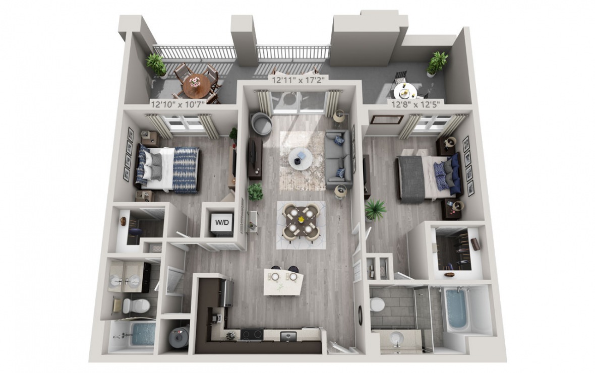 C2 - 2 bedroom floorplan layout with 2 baths and 1137 square feet. (3D)