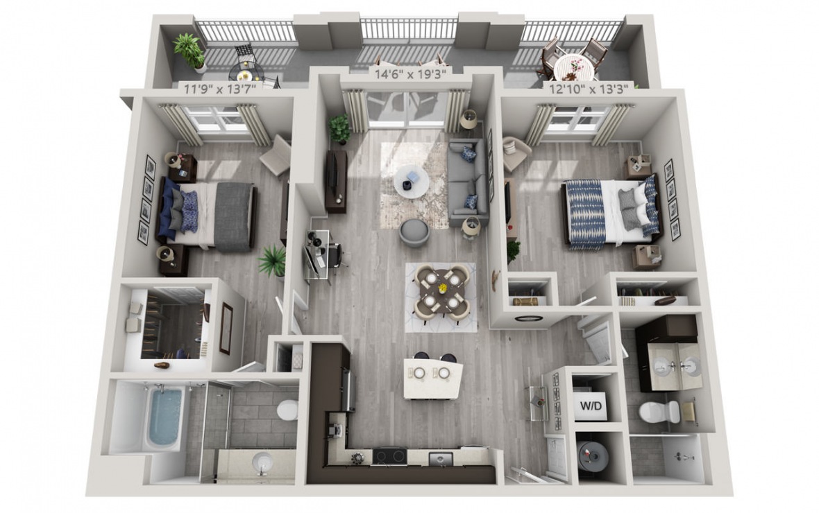 C5A - 2 bedroom floorplan layout with 2 baths and 1168 square feet. (3D)