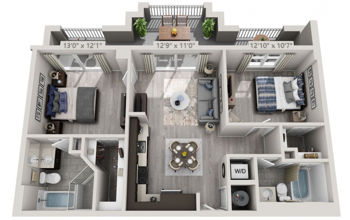 C6 - 2 bedroom floorplan layout with 2 baths and 929 square feet. (3D)