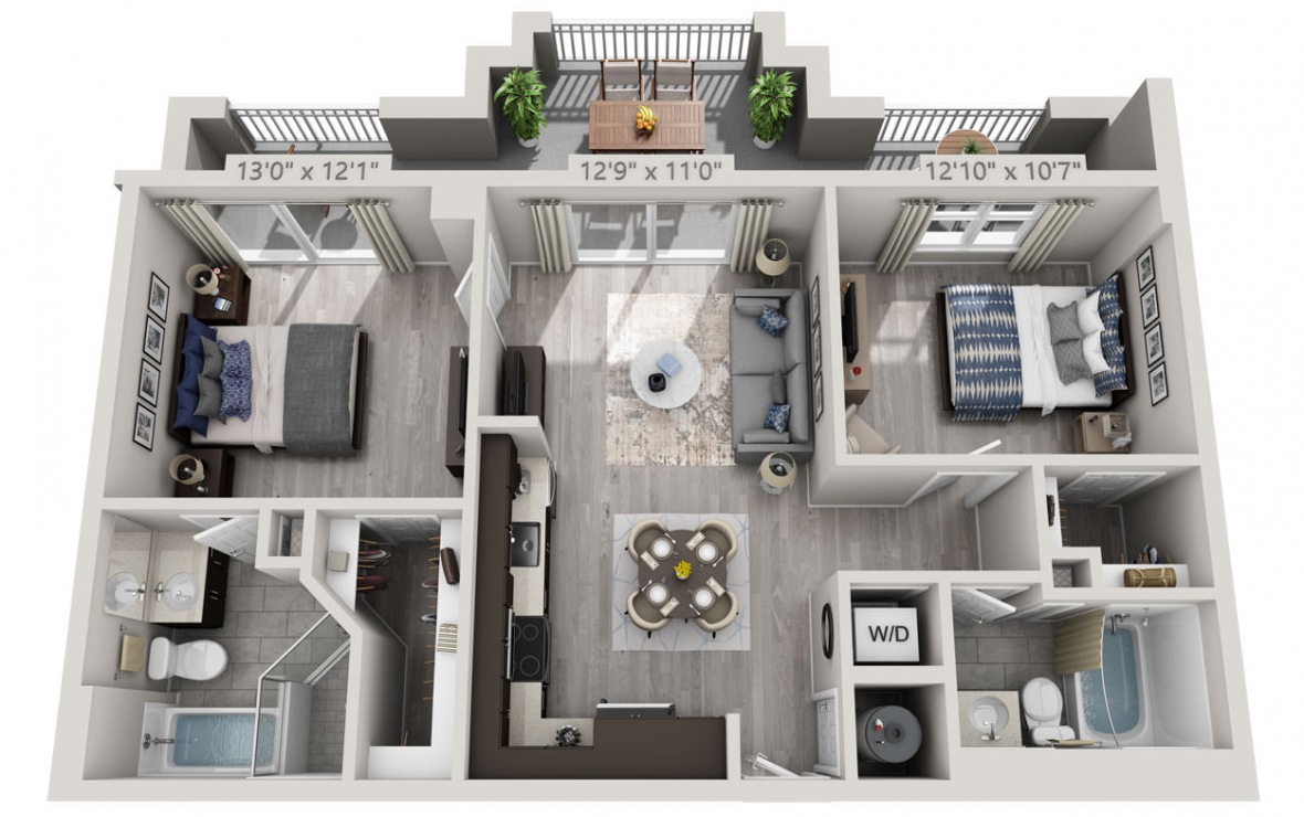 C6A - 2 bedroom floorplan layout with 2 baths and 961 square feet. (3D)
