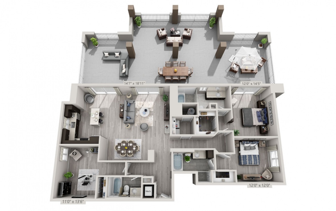 The Terrace - 3 bedroom floorplan layout with 3 baths and 1839 square feet. (3D)